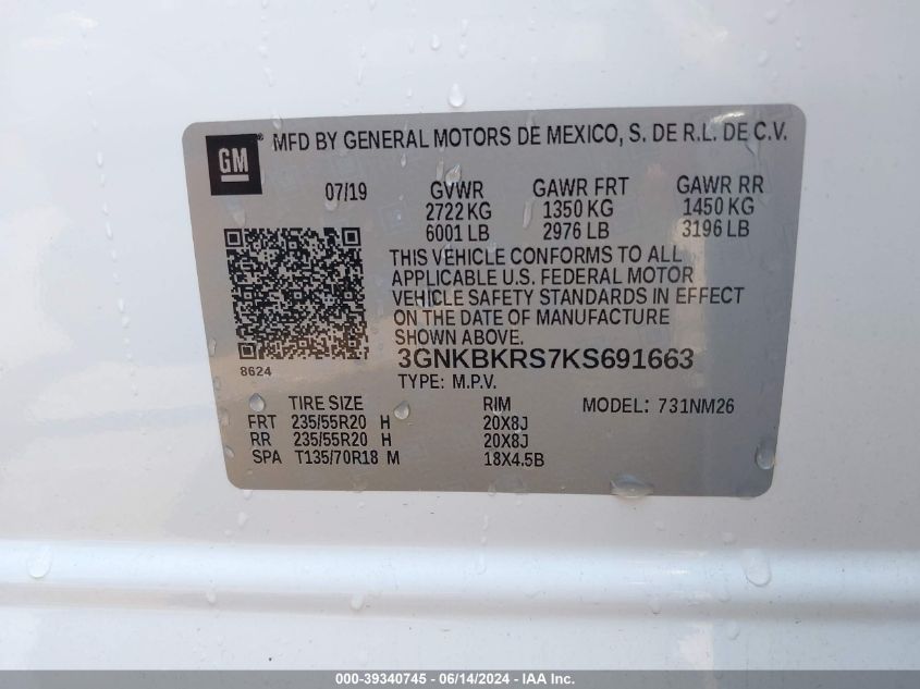 3GNKBKRS7KS691663 2019 Chevrolet Blazer Premier