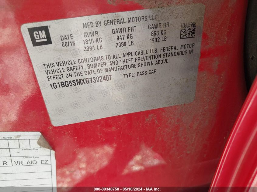 2016 Chevrolet Cruze Premier Auto VIN: 1G1BG5SMXG7302407 Lot: 39340750