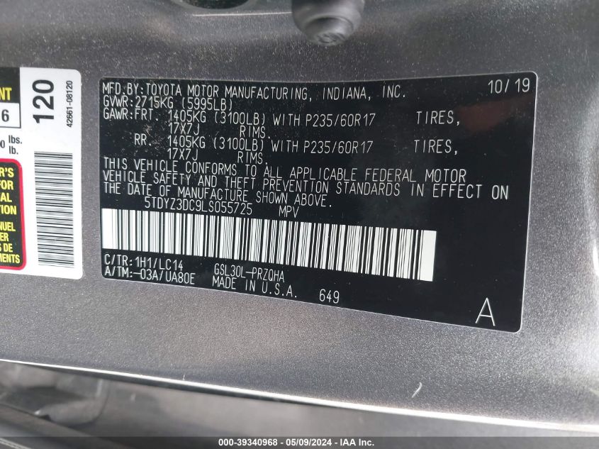 2020 Toyota Sienna Xle VIN: 5TDYZ3DC9LS055725 Lot: 39340968