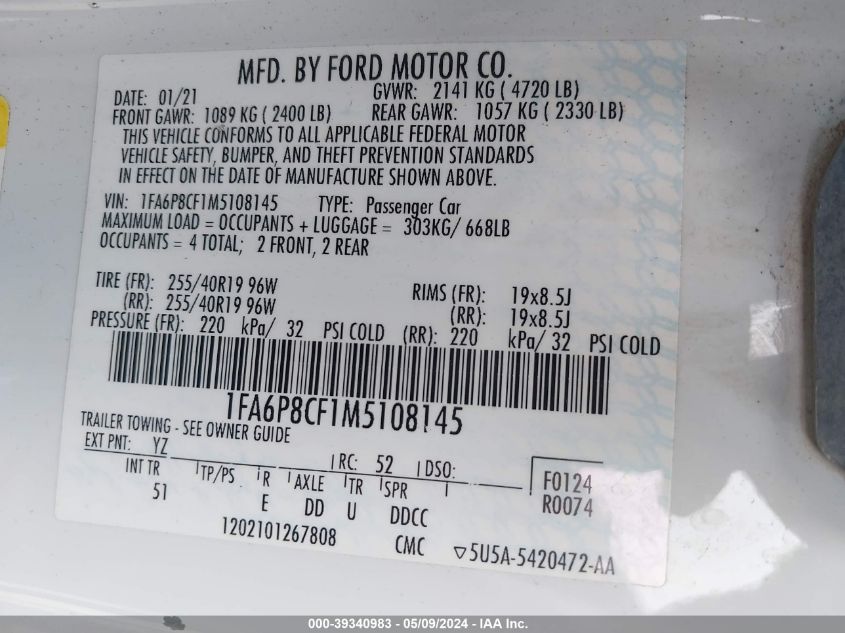 2021 Ford Mustang Gt Premium Fastback VIN: 1FA6P8CF1M5108145 Lot: 39340983