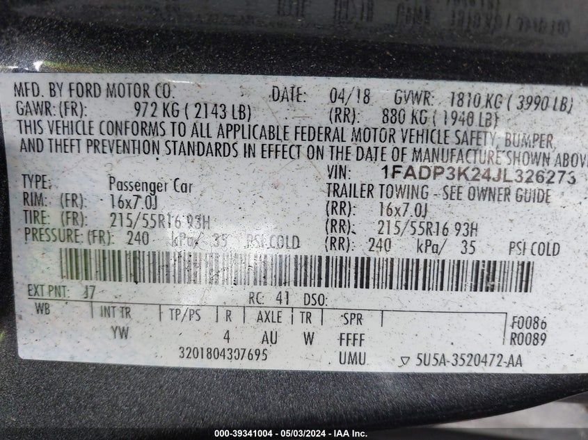 VIN 1FADP3K24JL326273 2018 FORD FOCUS SE
