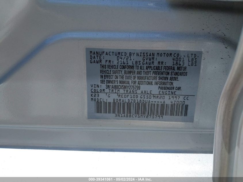 2021 Nissan Sentra Sv Xtronic Cvt VIN: 3N1AB8CV5MY275799 Lot: 39341061