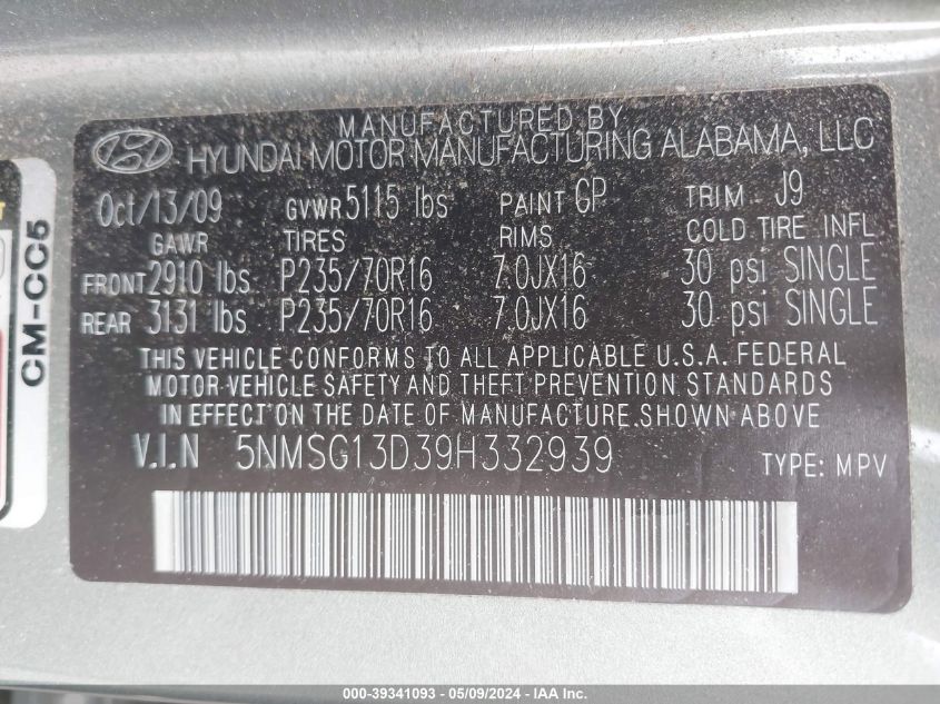 2009 Hyundai Santa Fe Gls VIN: 5NMSG13D39H332939 Lot: 39341093