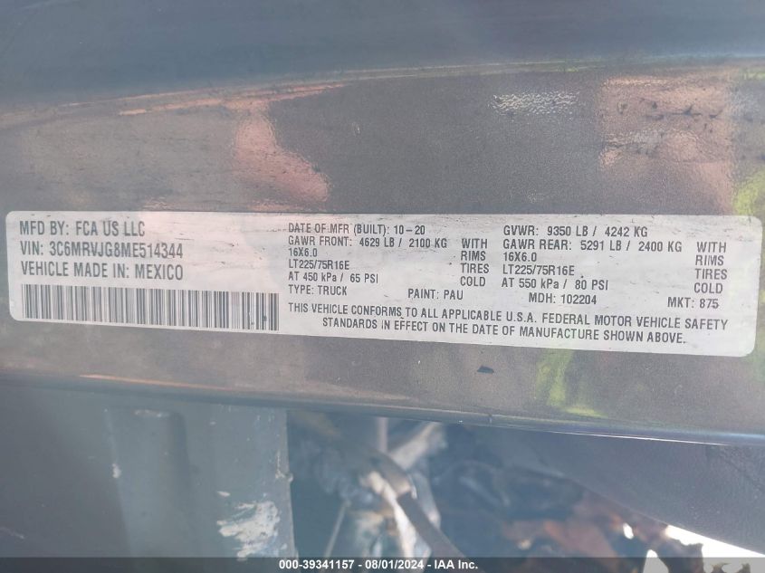 2021 Ram Promaster 3500 VIN: 3C6MRVJG8ME514344 Lot: 39341157