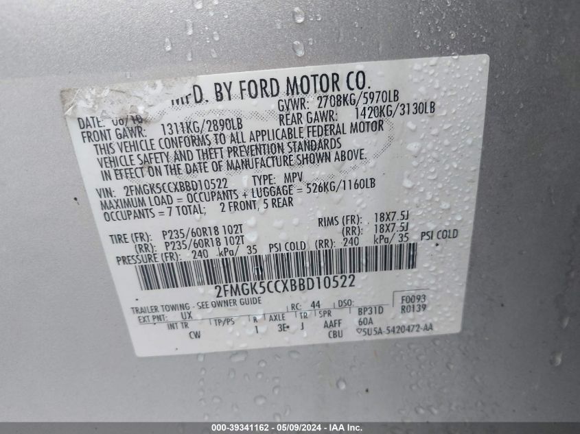 2FMGK5CCXBBD10522 2011 Ford Flex Sel