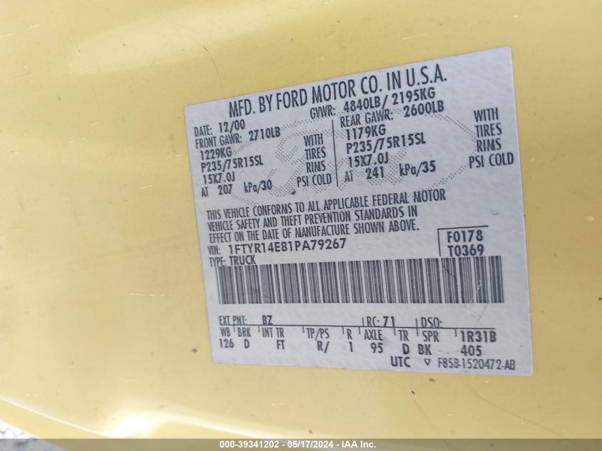 2001 Ford Ranger Edge/Xlt VIN: 1FTYR14E81PA79267 Lot: 39341202