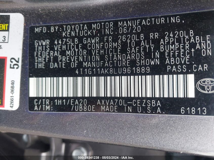 4T1G11AK8LU961889 2020 Toyota Camry Se