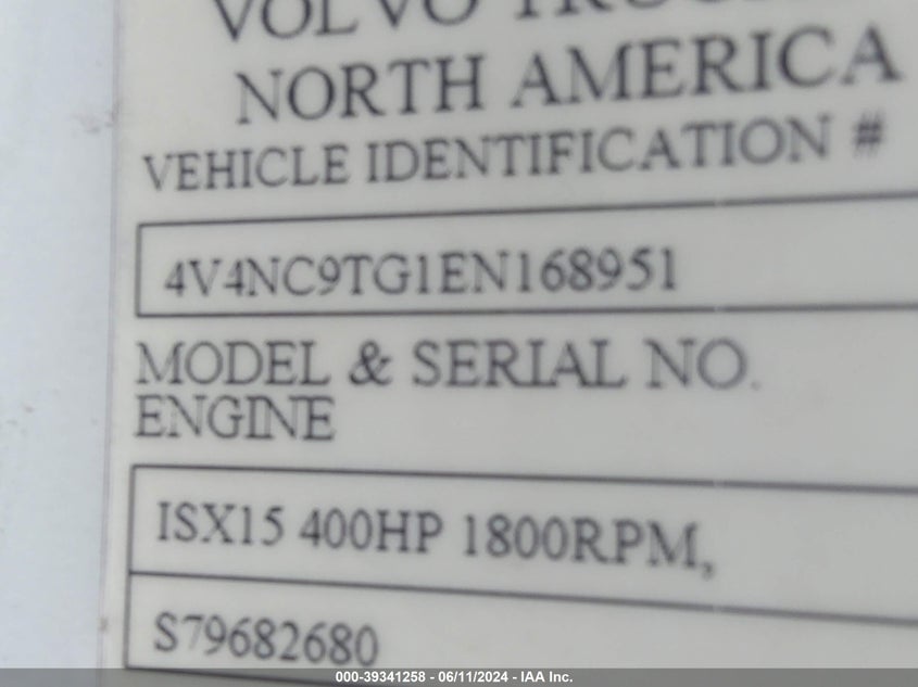 2014 Volvo Vn Vnl VIN: 4V4NC9TG1EN168951 Lot: 39341258