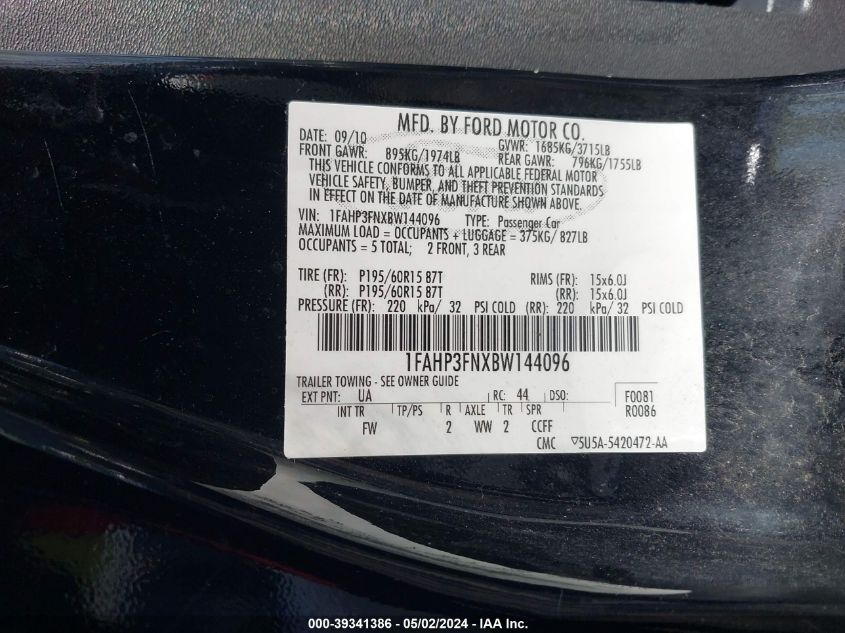 1FAHP3FNXBW144096 | 2011 FORD FOCUS