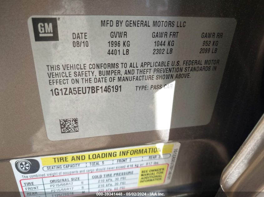 1G1ZA5EU7BF146191 | 2011 CHEVROLET MALIBU