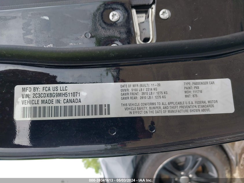 2021 DODGE CHARGER 3.6L V-6 DOHC, VVT, (VIN: 2C3CDXBG9MH511071