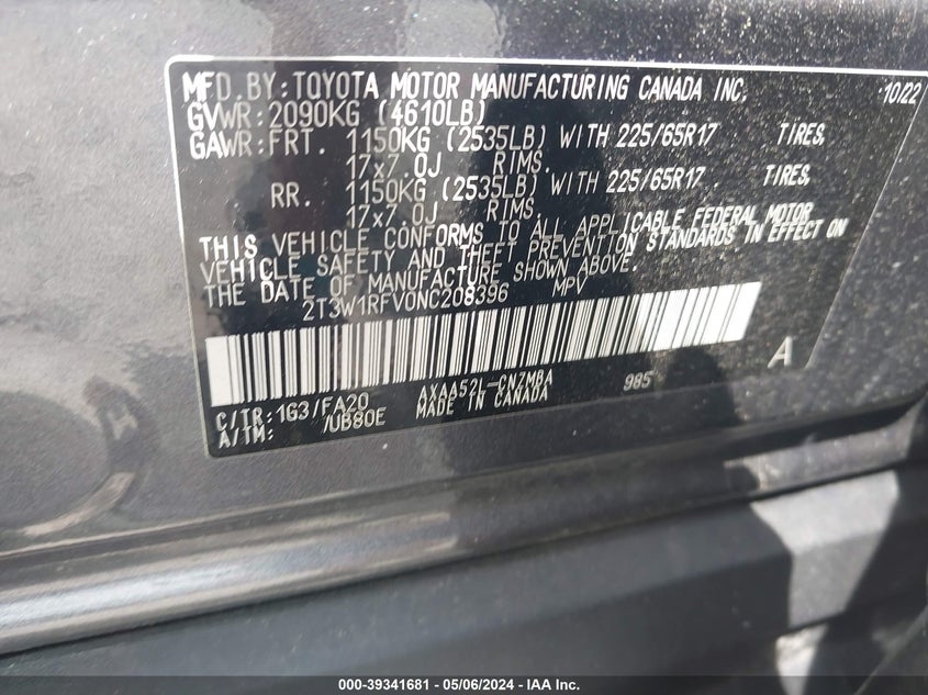 VIN 2T3W1RFV0NC208396 2022 TOYOTA RAV4 XLE/XLE PREMIUM