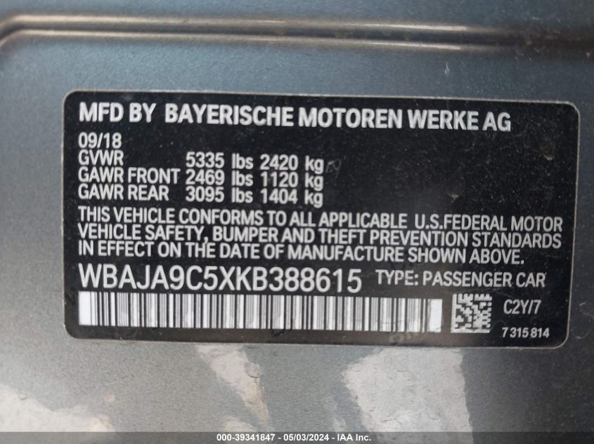 2019 BMW 530E Iperformance VIN: WBAJA9C5XKB388615 Lot: 39341847