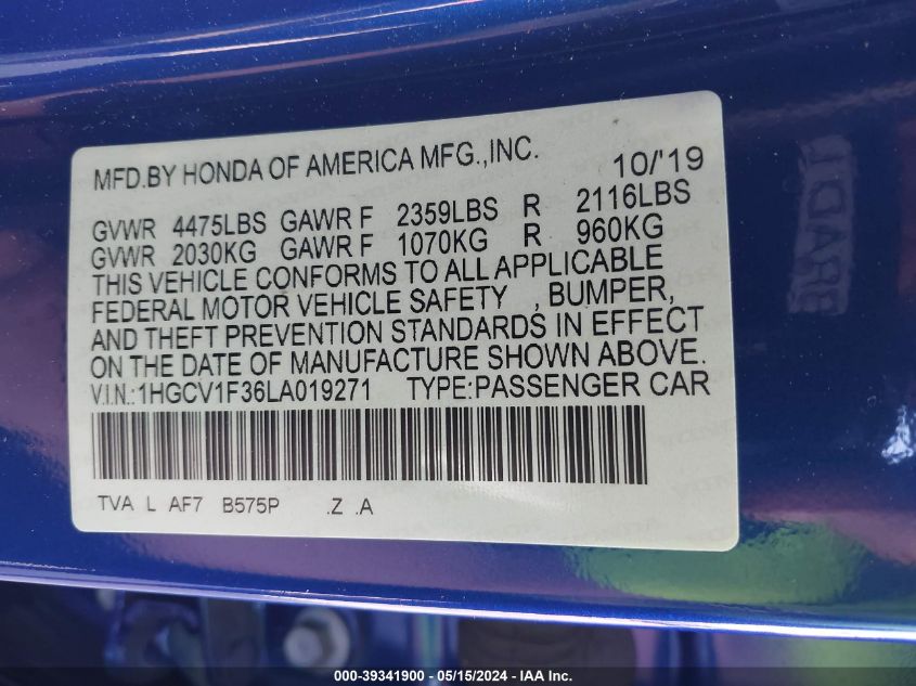 2020 Honda Accord Sport VIN: 1HGCV1F36LA019271 Lot: 39341900