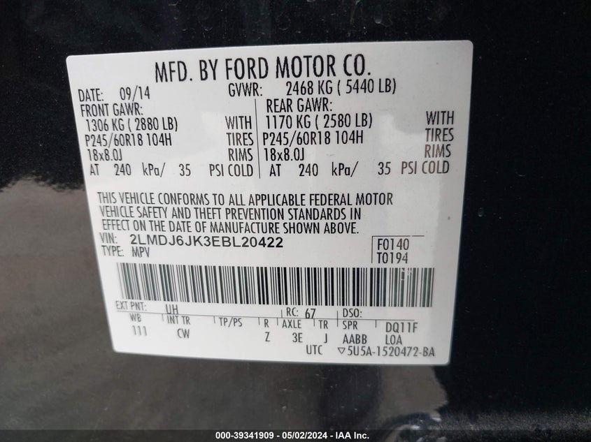 2014 LINCOLN MKX - 2LMDJ6JK3EBL20422