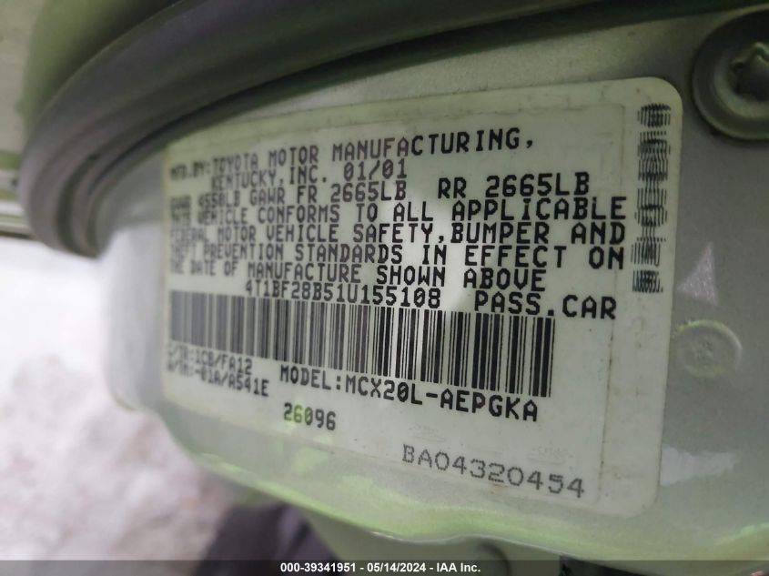 2001 Toyota Avalon Xls VIN: 4T1BF28B51U155108 Lot: 39341951