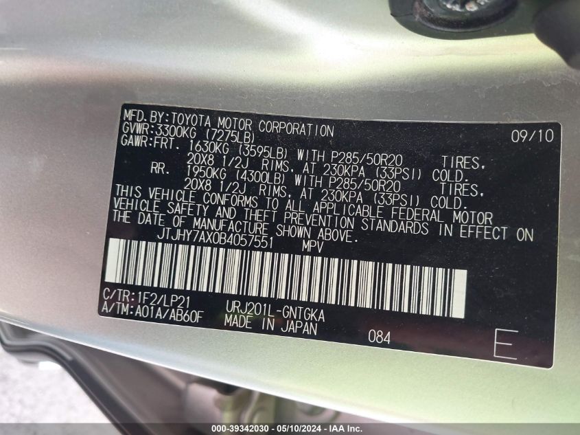 2011 Lexus Lx 570 VIN: JTJHY7AX0B4057551 Lot: 39342030