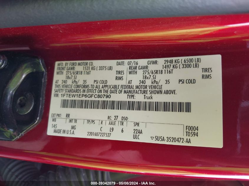 2016 Ford F-150 Xlt VIN: 1FTEW1EP6GFC80790 Lot: 39342079