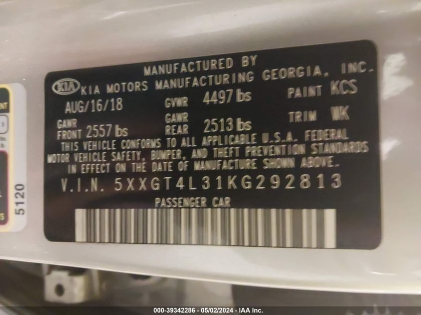 2019 Kia Optima Lx VIN: 5XXGT4L31KG292813 Lot: 39342286