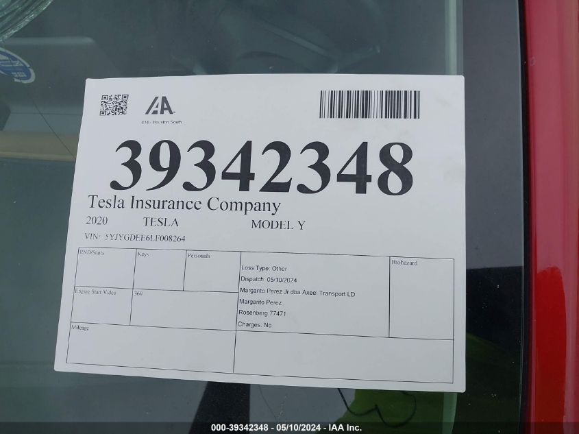 2020 Tesla Model Y Long Range Dual Motor All-Wheel Drive VIN: 5YJYGDEE6LF008264 Lot: 39342348