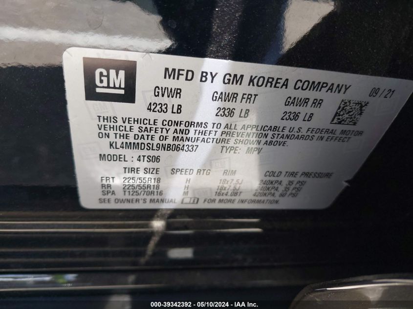 2022 Buick Encore Gx Fwd Select VIN: KL4MMDSL9NB064337 Lot: 39342392