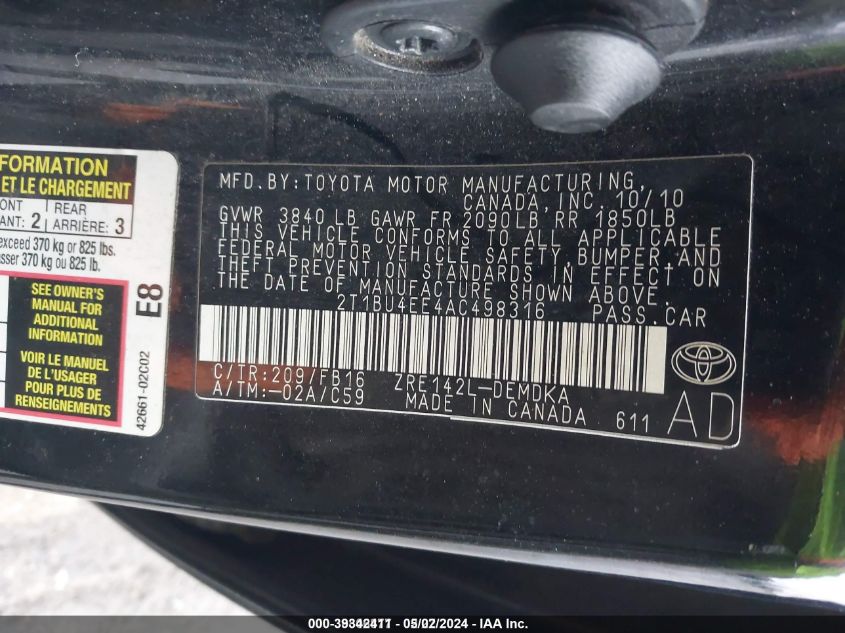 2010 Toyota Corolla VIN: 2T1BU4EE4AC498316 Lot: 39342411