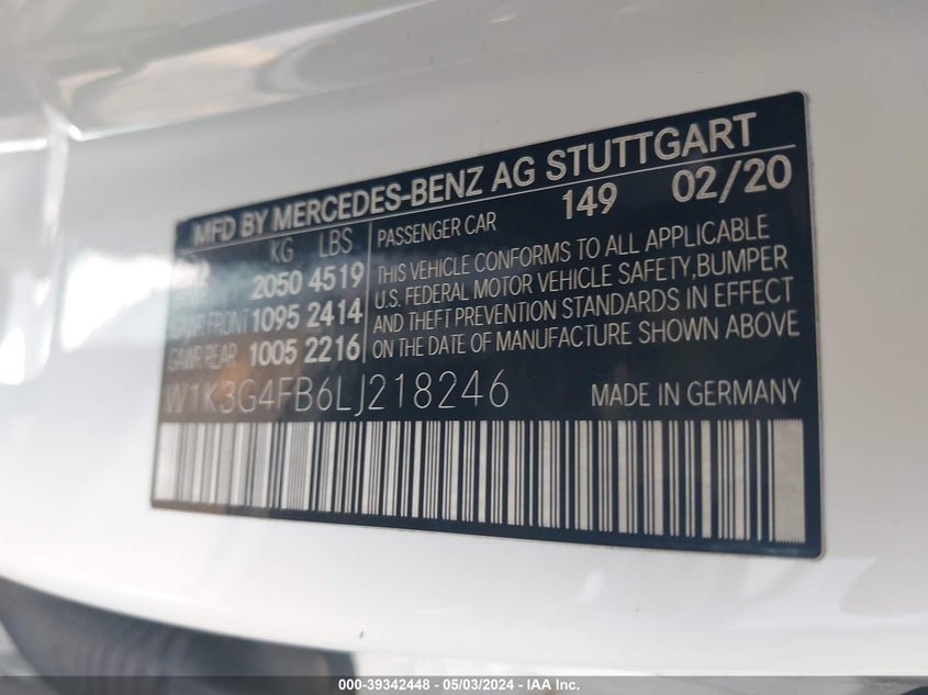 2020 MERCEDES-BENZ A 220 VIN: W1K3G4FB6LJ218246