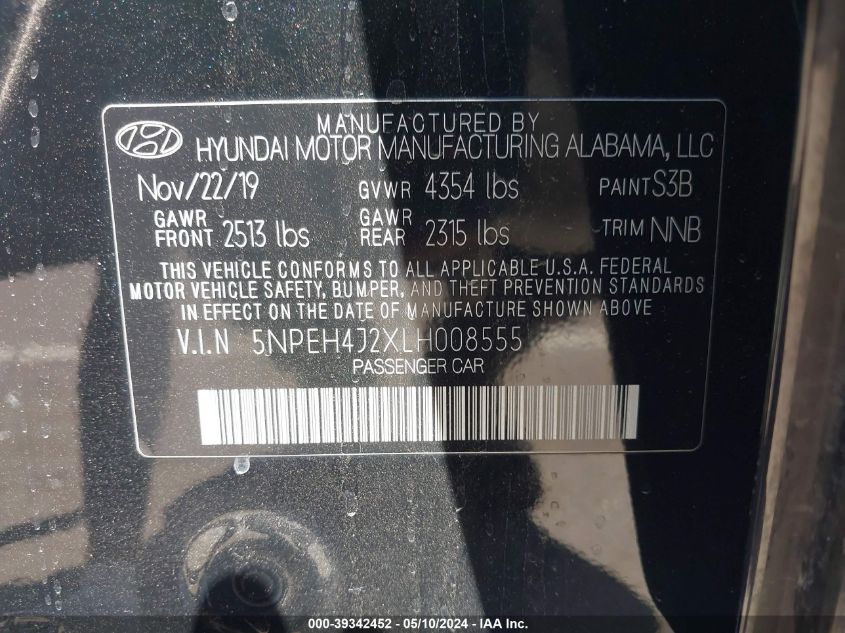 2020 Hyundai Sonata Limited VIN: 5NPEH4J2XLH008555 Lot: 39342452