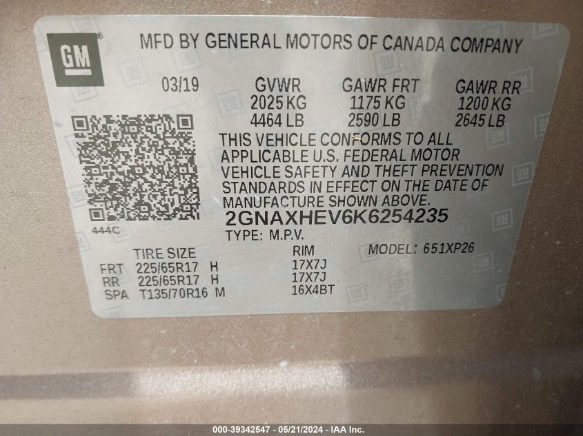 2019 Chevrolet Equinox Ls VIN: 2GNAXHEV6K6254235 Lot: 39342547