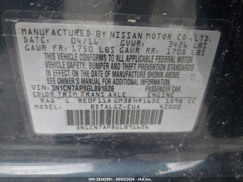 3N1CN7AP8GL891626 2016 Nissan Versa 1.6 Sl