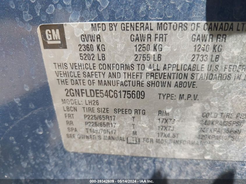 2012 Chevrolet Equinox 1Lt VIN: 2GNFLDE54C6175609 Lot: 39342609