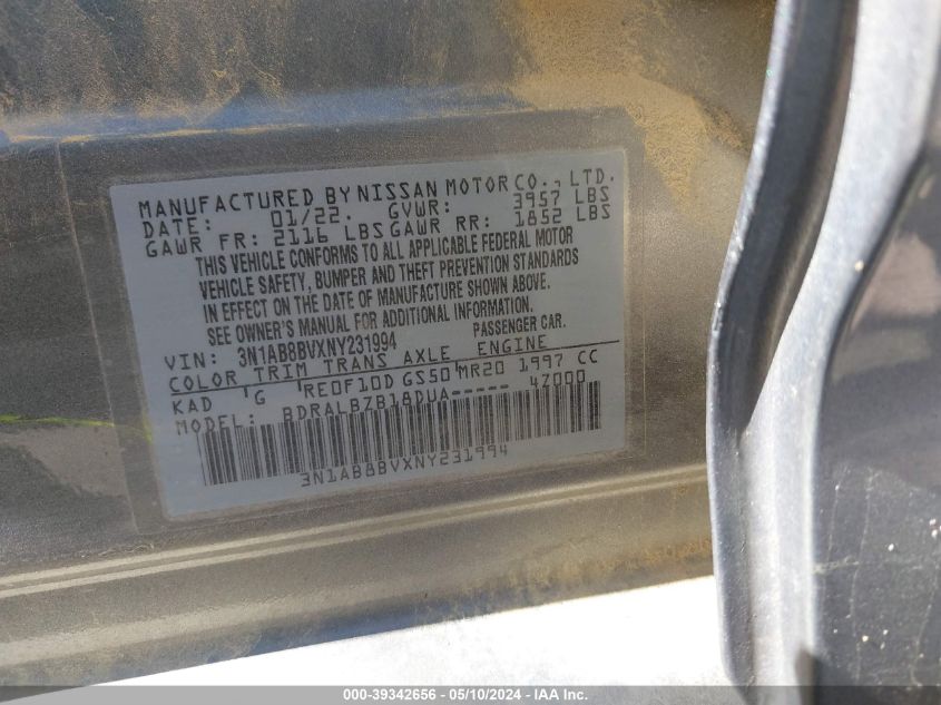 2022 Nissan Sentra S Xtronic Cvt VIN: 3N1AB8BVXNY231994 Lot: 39342656