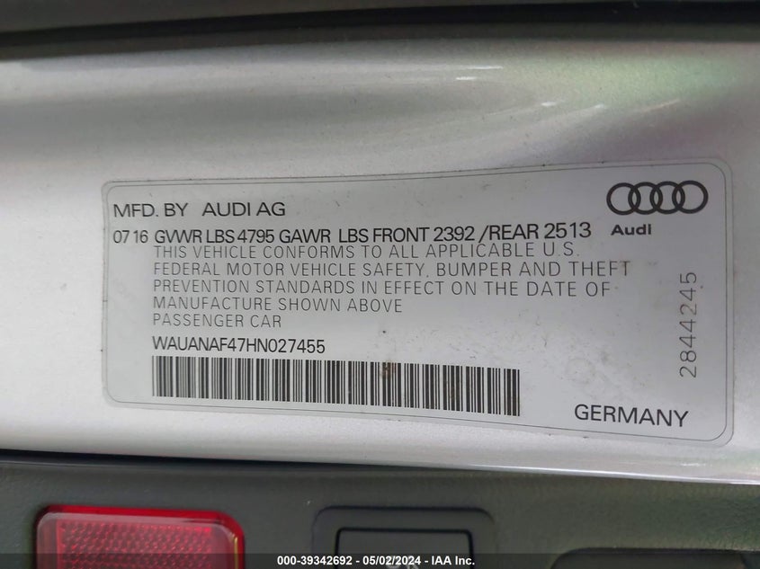 VIN WAUANAF47HN027455 2017 AUDI A4 2.0T PREMIUM