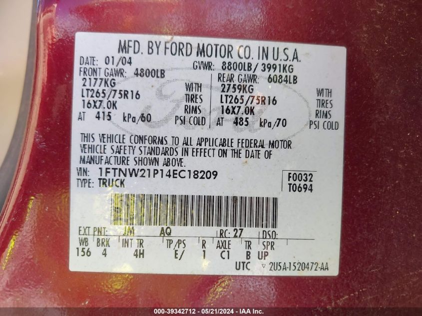 2004 Ford F-250 Lariat/Xl/Xlt VIN: 1FTNW21P14EC18209 Lot: 39342712
