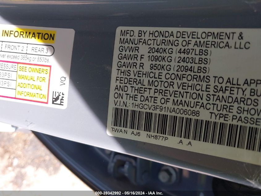 2022 Honda Accord Hybrid Touring VIN: 1HGCV3F91NA006088 Lot: 39342992
