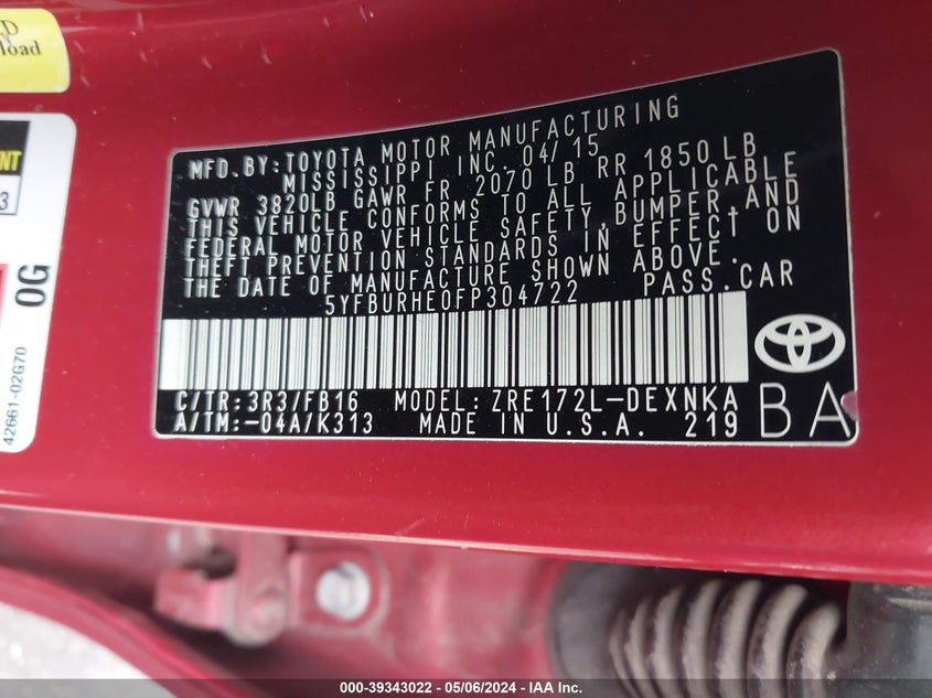 2015 TOYOTA COROLLA L/LE/LE PLS/PRM/S/S PLS - 5YFBURHE0FP304722