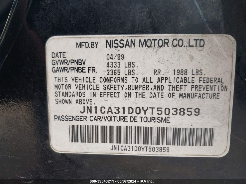 2000 Nissan Maxima Gle/Gxe/Se VIN: JN1CA31D0YT503859 Lot: 39343211