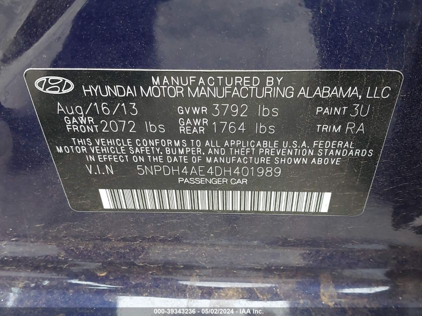 5NPDH4AE4DH401989 | 2013 HYUNDAI ELANTRA