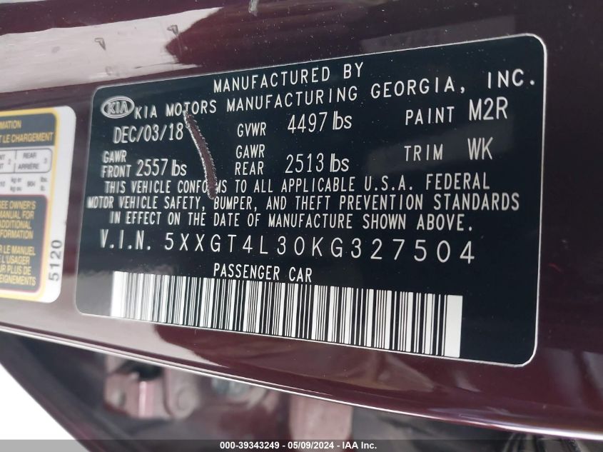 2019 Kia Optima Lx VIN: 5XXGT4L30KG327504 Lot: 39343249