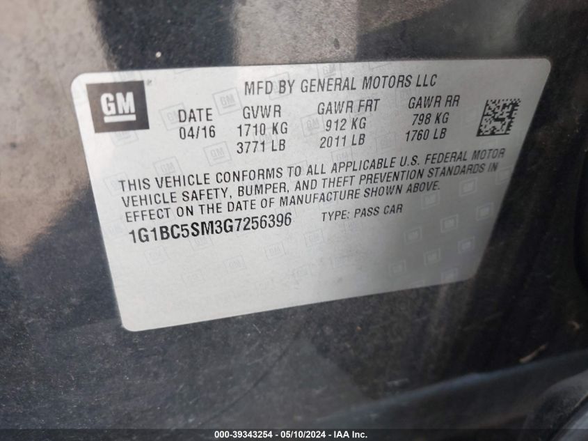 2016 Chevrolet Cruze Ls Auto VIN: 1G1BC5SM3G7256396 Lot: 39343254