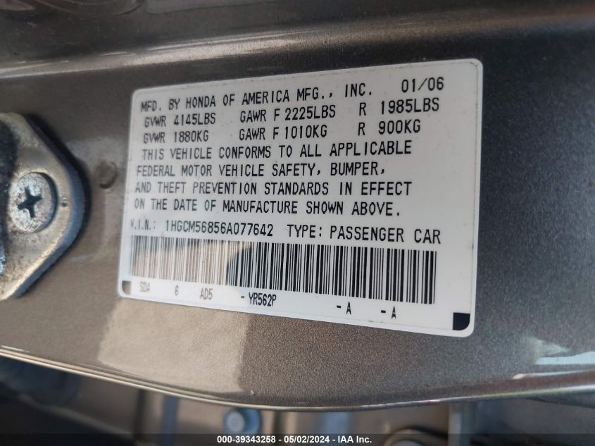 1HGCM56856A077642 | 2006 HONDA ACCORD