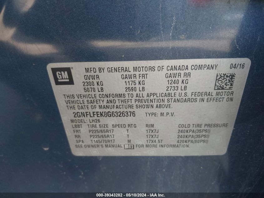 2016 CHEVROLET EQUINOX LT - 2GNFLFEK8G6326376