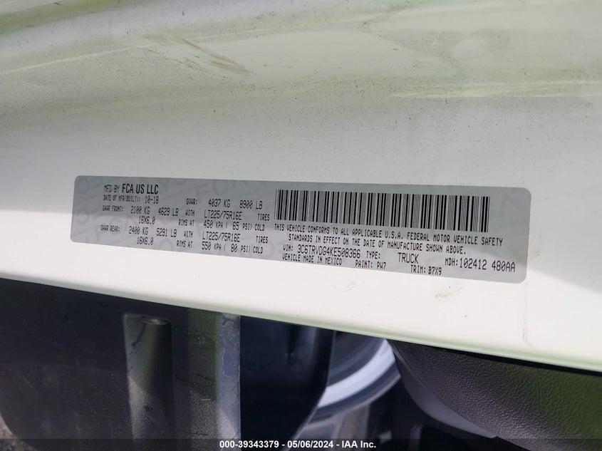 VIN 3C6TRVDG4KE508366 2019 RAM PROMASTER 2500 HIGH ROOF 159 WB