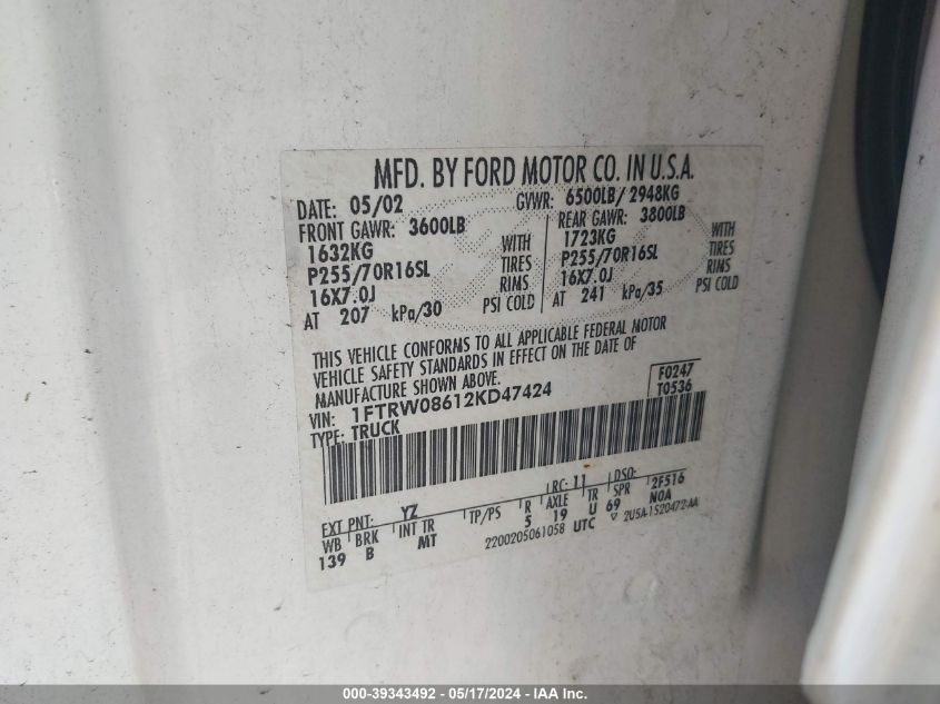 2002 Ford F-150 Lariat/Xlt VIN: 1FTRW08612KD47424 Lot: 39343492