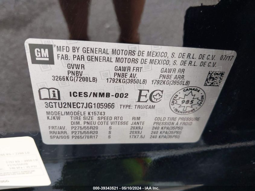 2018 GMC Sierra 1500 Slt VIN: 3GTU2NEC7JG105966 Lot: 39343521