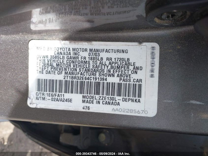 2004 Toyota Corolla Le VIN: 2T1BR32E64C191394 Lot: 39343746