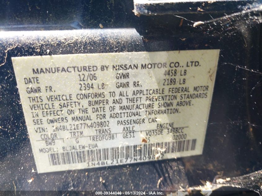 2007 Nissan Altima 3.5 Sl VIN: 1N4BL21E77N409802 Lot: 39344046