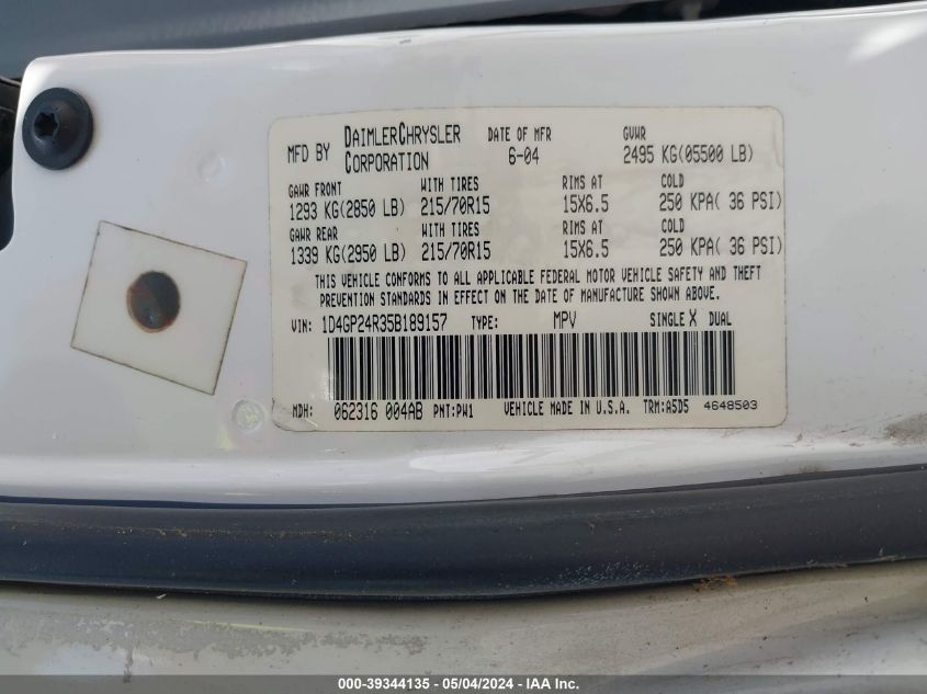 1D4GP24R35B189157 | 2005 DODGE GRAND CARAVAN