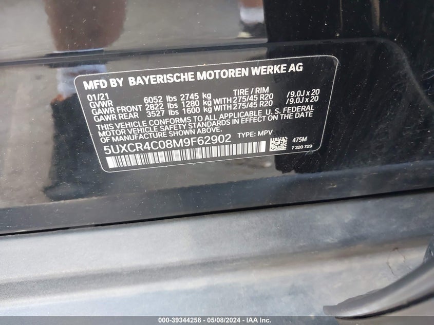 2021 BMW X5 VIN: 5UXCR4C08M9F62902