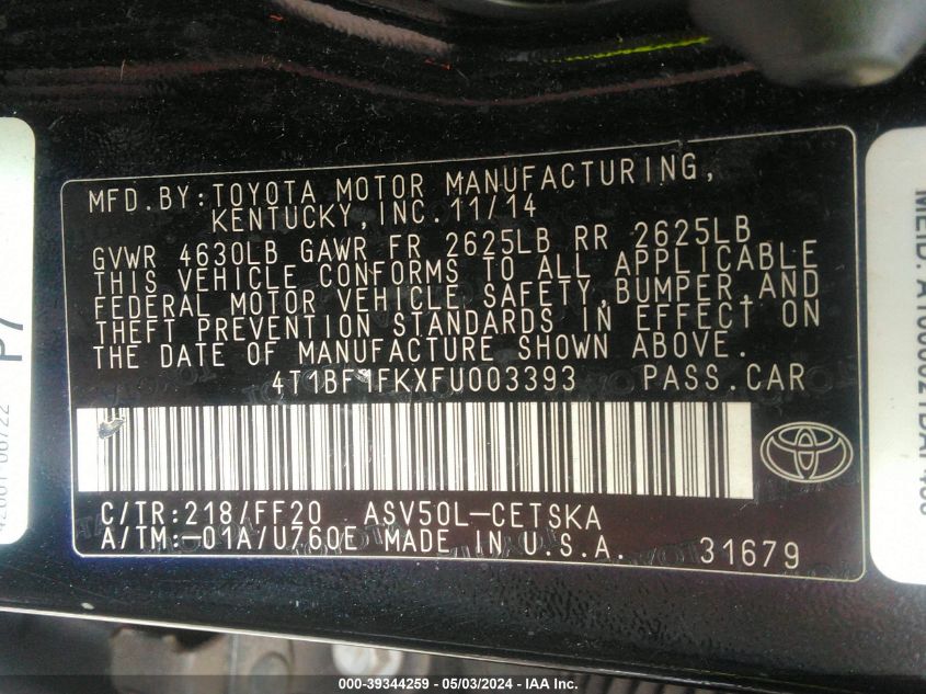 4T1BF1FKXFU003393 | 2015 TOYOTA CAMRY